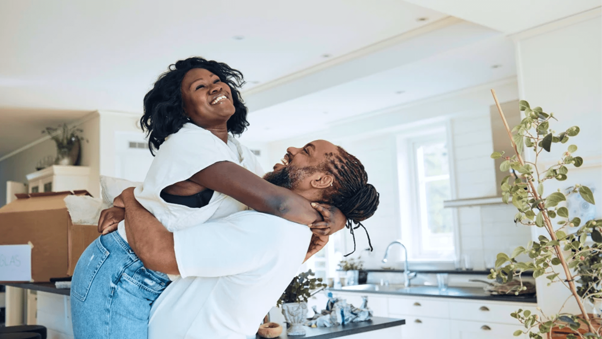 Loving embrace in a bright kitchen